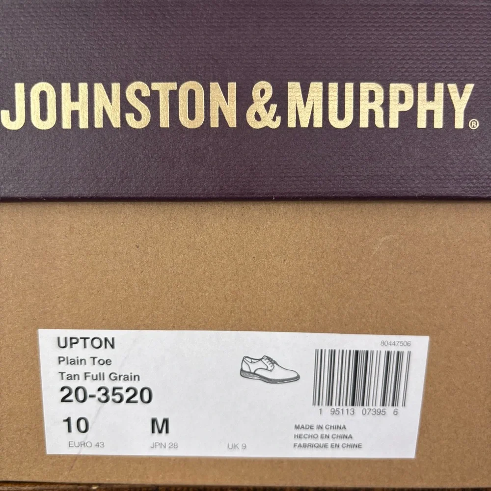 Johnston & Murphy Upton Plain Toe Men's Tan Leather Shoes Size 10